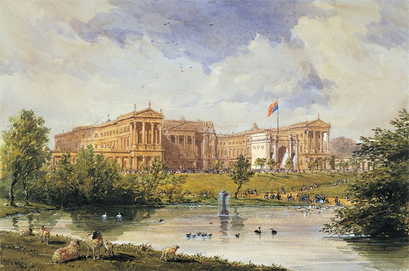 Buckingham Palace before the restoration by George IV: the east front from St James's Park dated 1846.