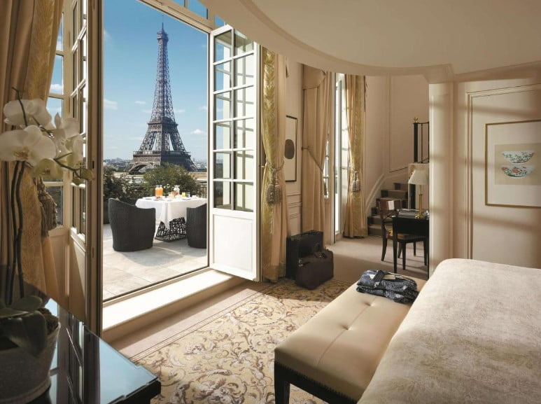 Eiffel Tower views from Shangri-La hotel room.