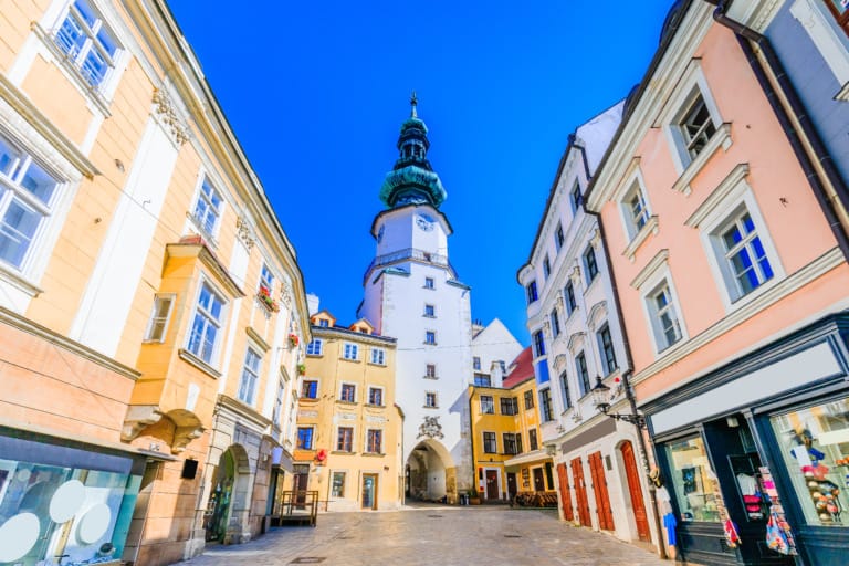 The St Michael's Gate is the iconic tower which is a remnant of Bratislava's medieval fortifications.